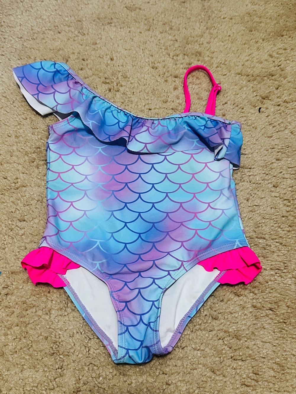 Girls One-Shoulder Mermaid Print Swimsuit with Pink Ruffles